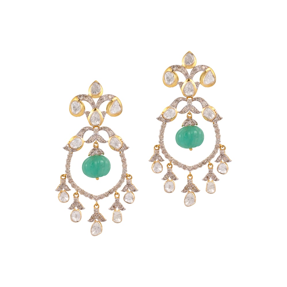 Polki Earring with Carved Emerald Melon Drop